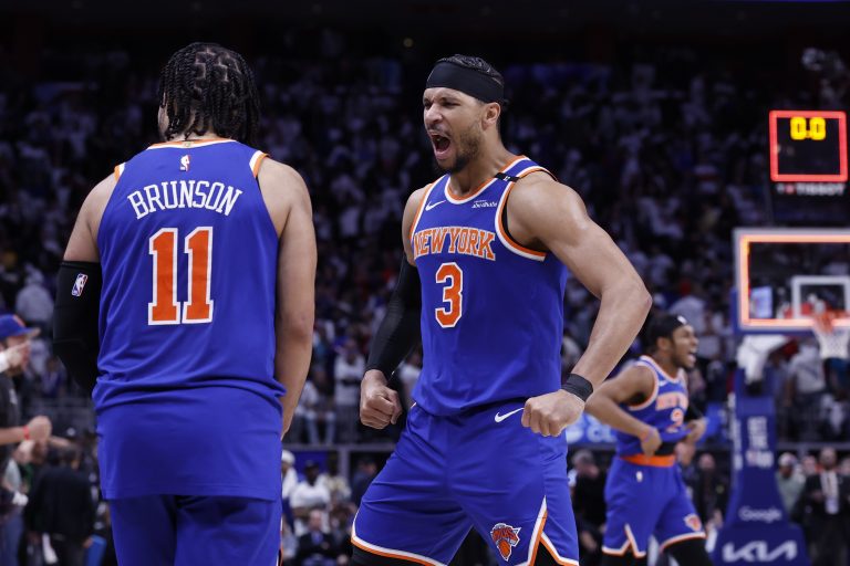 New York Knicks guard Jalen Brunson (11) and guard Josh Hart (3) celebrate after defeating the Detroit Pistons during game six of first round for the 2024 NBA Playoffs at Little Caesars Arena.
