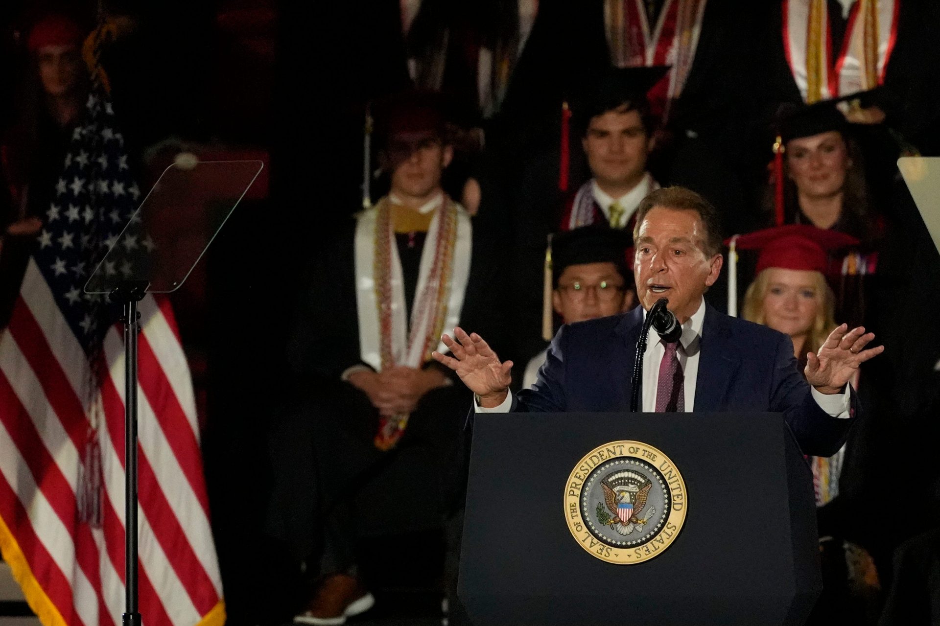 Legendary Alabama football coach Nick Saban introduces President Donald Trump. Trump delivered a special commencement address to University of Alabama graduates at Coleman Coliseum. Graduation occurs over the weekend.