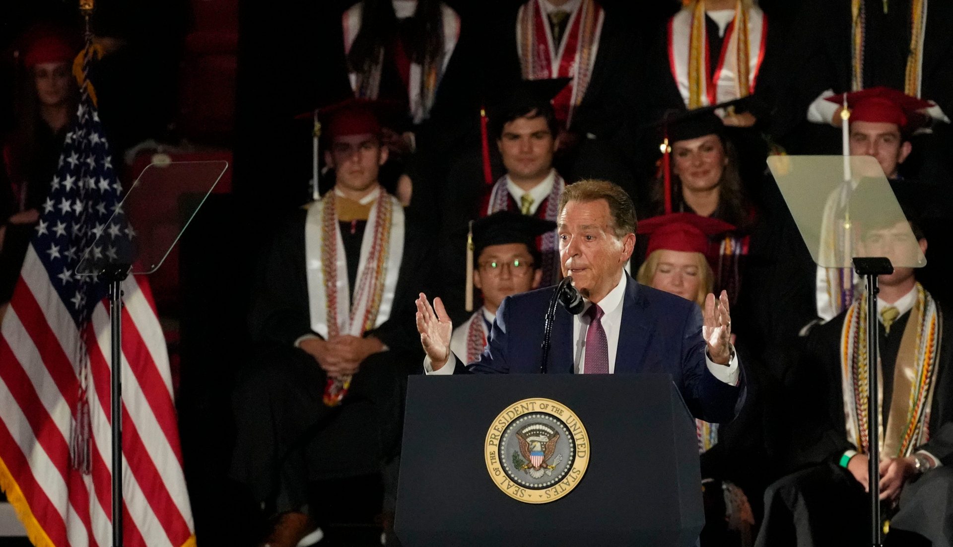 Legendary Alabama football coach Nick Saban introduces President Donald Trump. Trump delivered a special commencement address to University of Alabama graduates at Coleman Coliseum. Graduation occurs over the weekend.