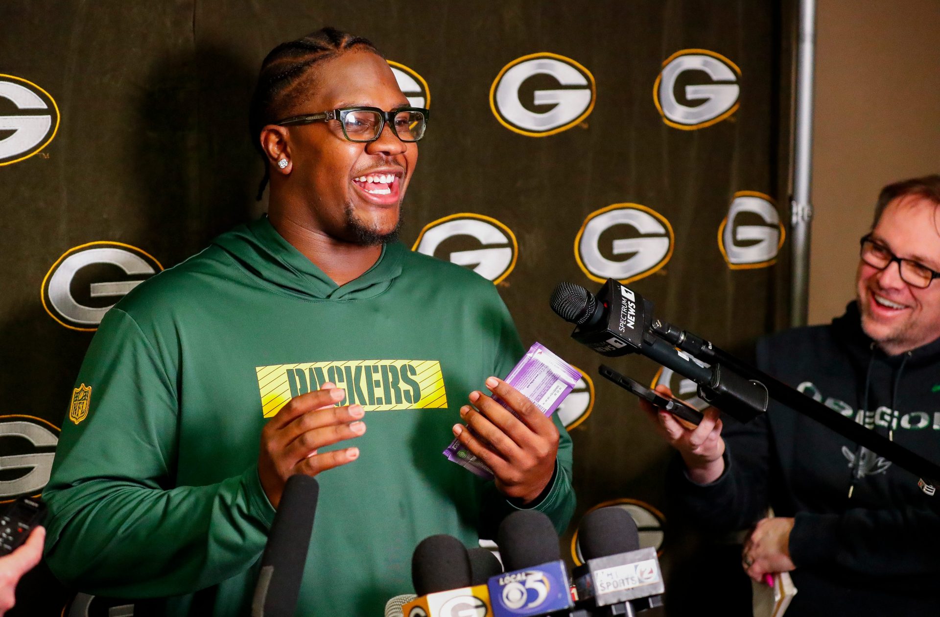 Green Bay Packers rookie defensive tackle Warren Brinson is interviewed by the media during rookie minicamp on Friday, May 2, 2025, at Lambeau Field in Green Bay, Wisconsin. The Packers selected Brinson with their sixth round pick in the 2025 NFL Draft. Tork Mason/USA TODAY NETWORK-Wisconsin
