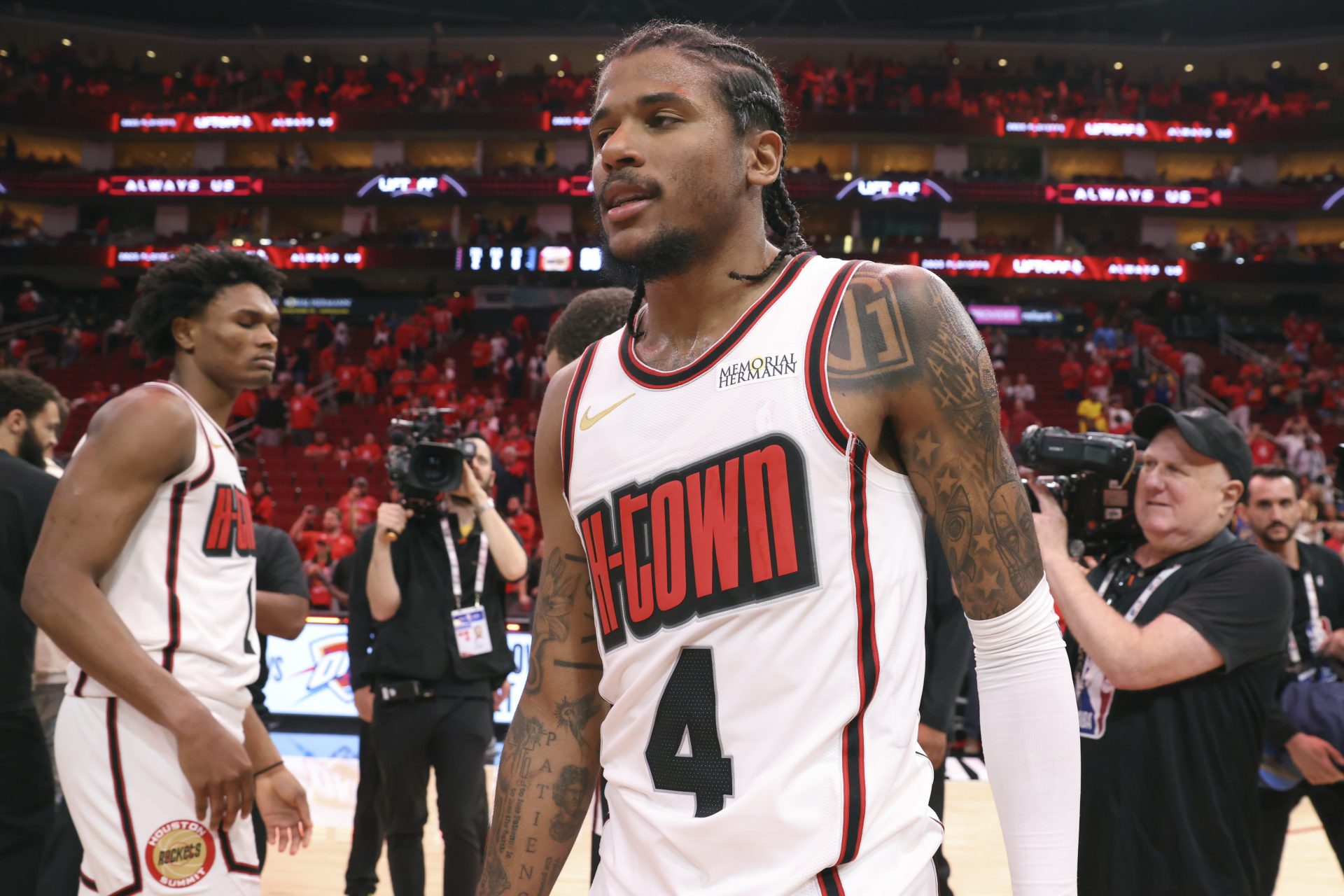 Houston Rockets guard Jalen Green (4) walks off the court after game seven of the first round for the 2025 NBA Playoffs against the Golden State Warriors at Toyota Center.