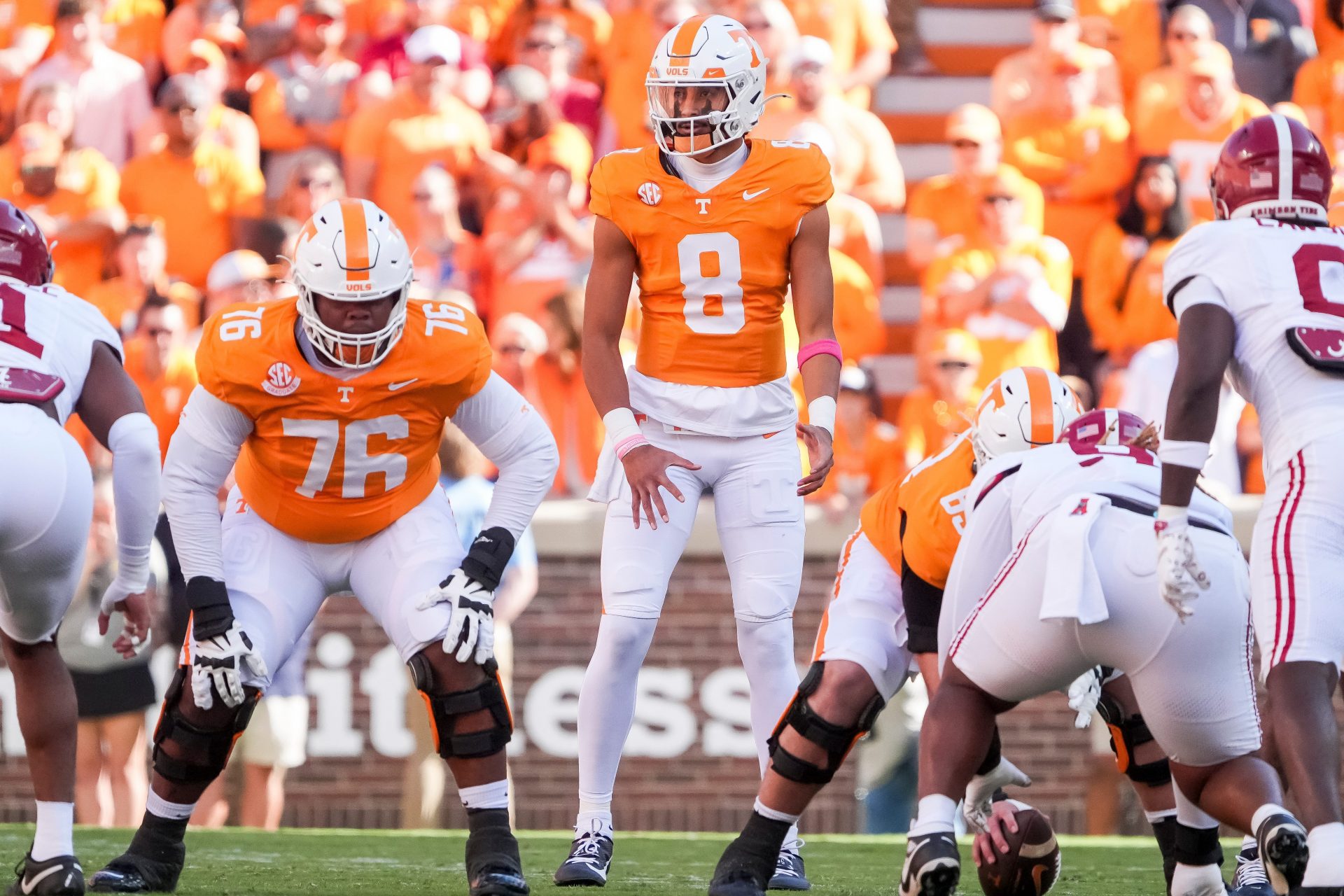 Tennessee quarterback Nico Iamaleava (8) stands at the line of scrimmage before a play agianst Alabama at Neyland Stadium on Saturday, Oct. 19, 2024.