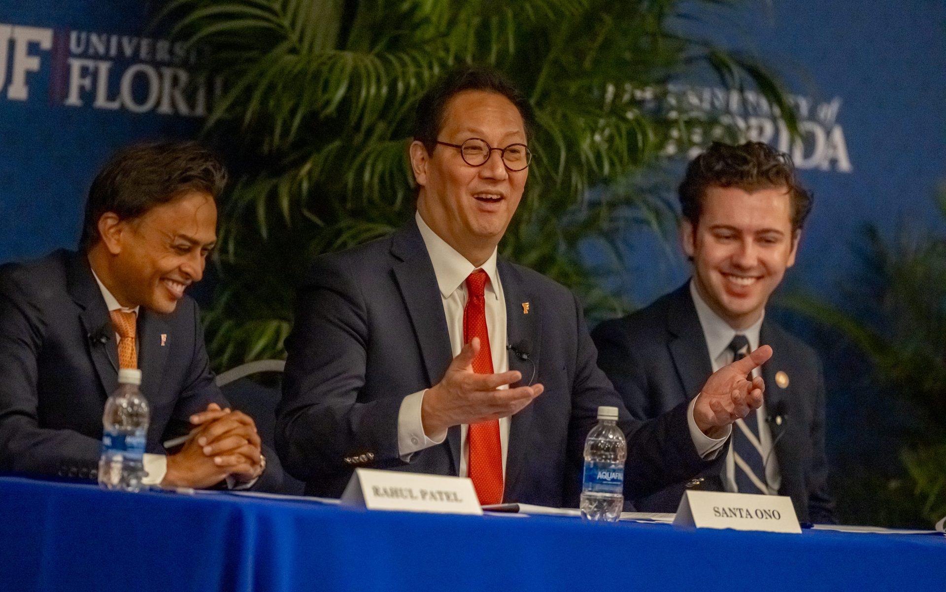 University of Florida students listen to Dr. Santa Ono, center, the sole finalist for the university's president, along with Rahul Patel, left, during a forum on May 6, 2025, at Emerson Alumni Hall in Gainesville.