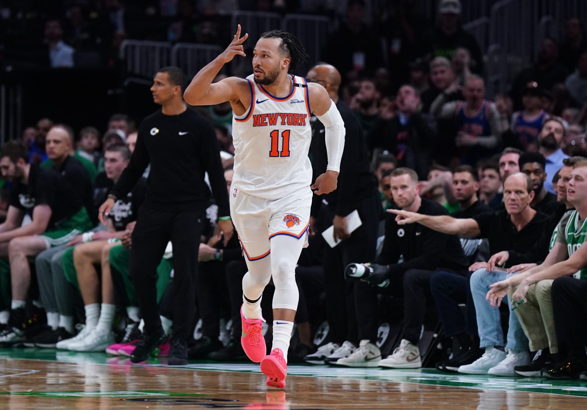 New York Knicks guard Jalen Brunson (11) reacts after his three point basket against the Boston Celtics in the second half during game two of the second round for the 2025 NBA Playoffs at TD Garden.
