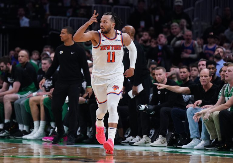 New York Knicks guard Jalen Brunson (11) reacts after his three point basket against the Boston Celtics in the second half during game two of the second round for the 2025 NBA Playoffs at TD Garden.