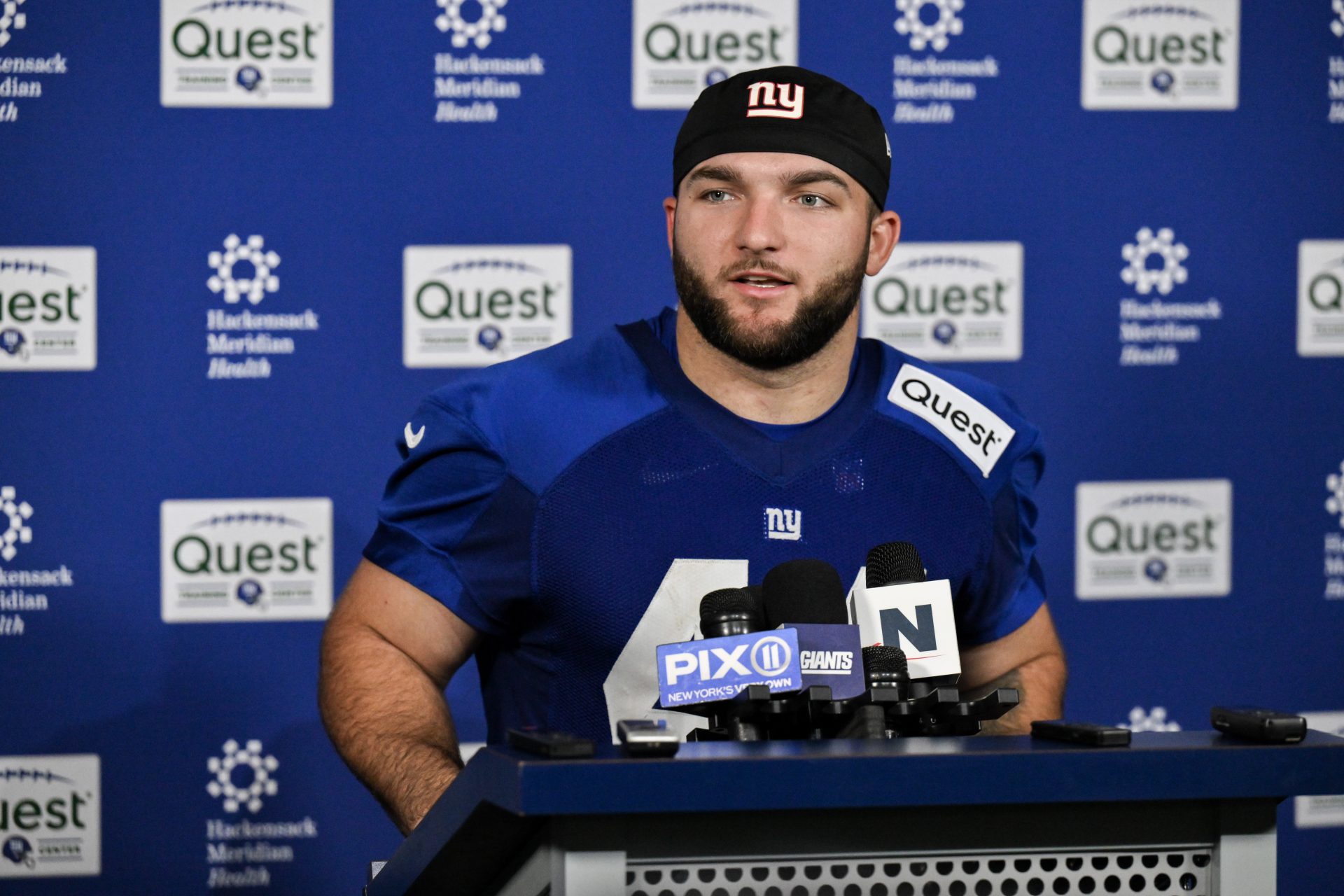New York Giants running back Cam Skattebo (44) speaks to members of the press after rookie minicamp at Quest Diagnostics Training Center.