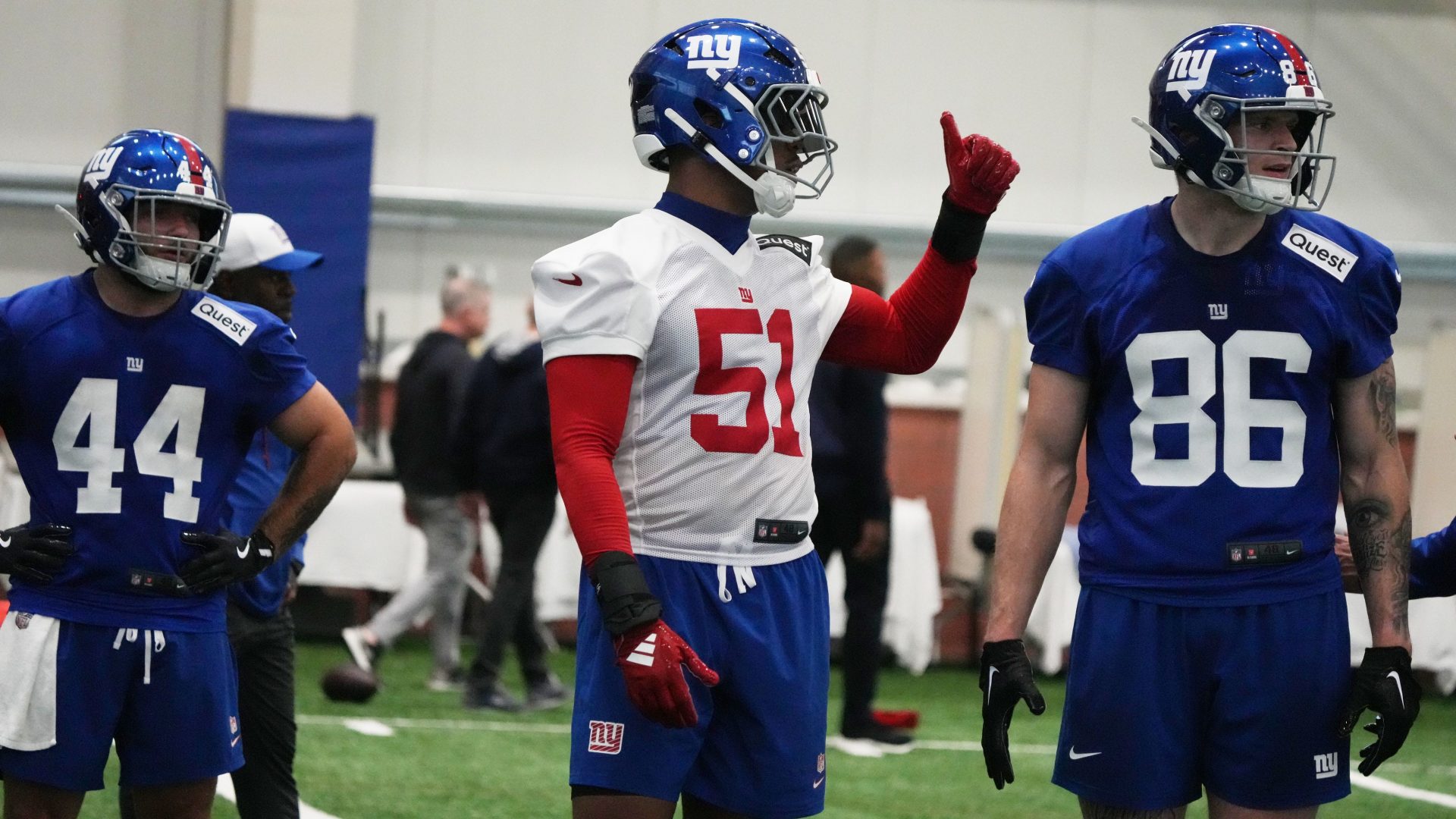 Draft picks Cam Skattebo, Abdul Carter and Thomas Fidone II during practice at Giants Rookie Minicamp.