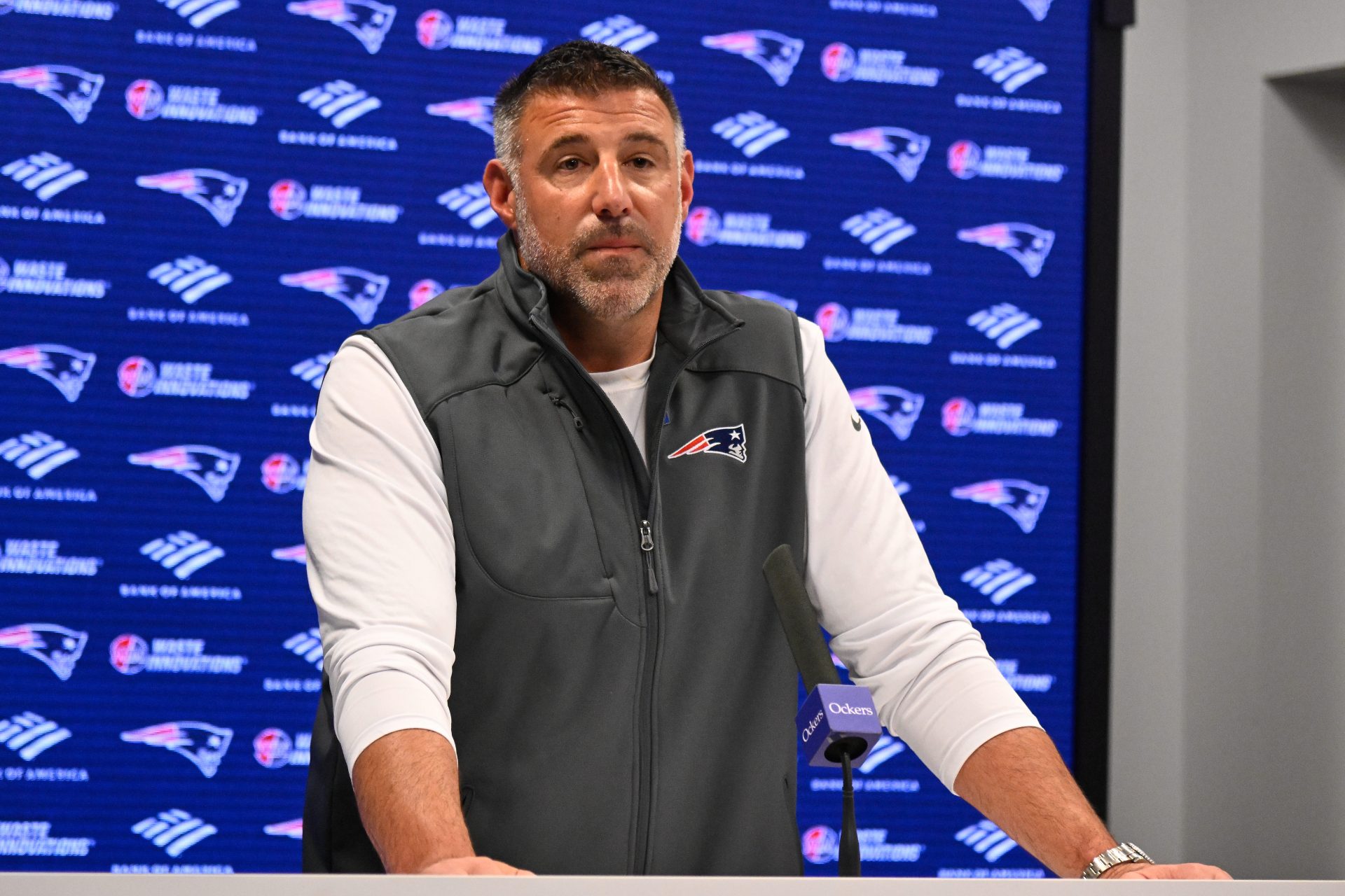 New England Patriots head coach Mike Vrabel speaks the to media during a press conference at Gillette Stadium.