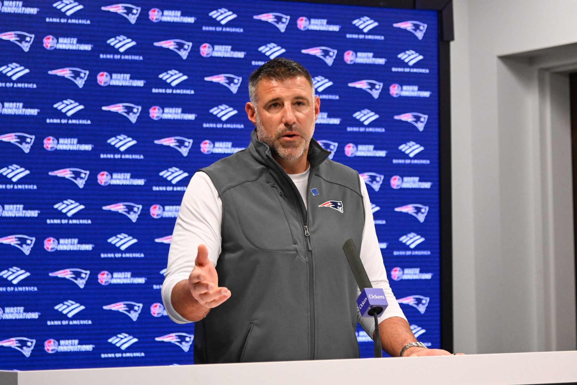 New England Patriots head coach Mike Vrabel speaks the to media during a press conference at Gillette Stadium.