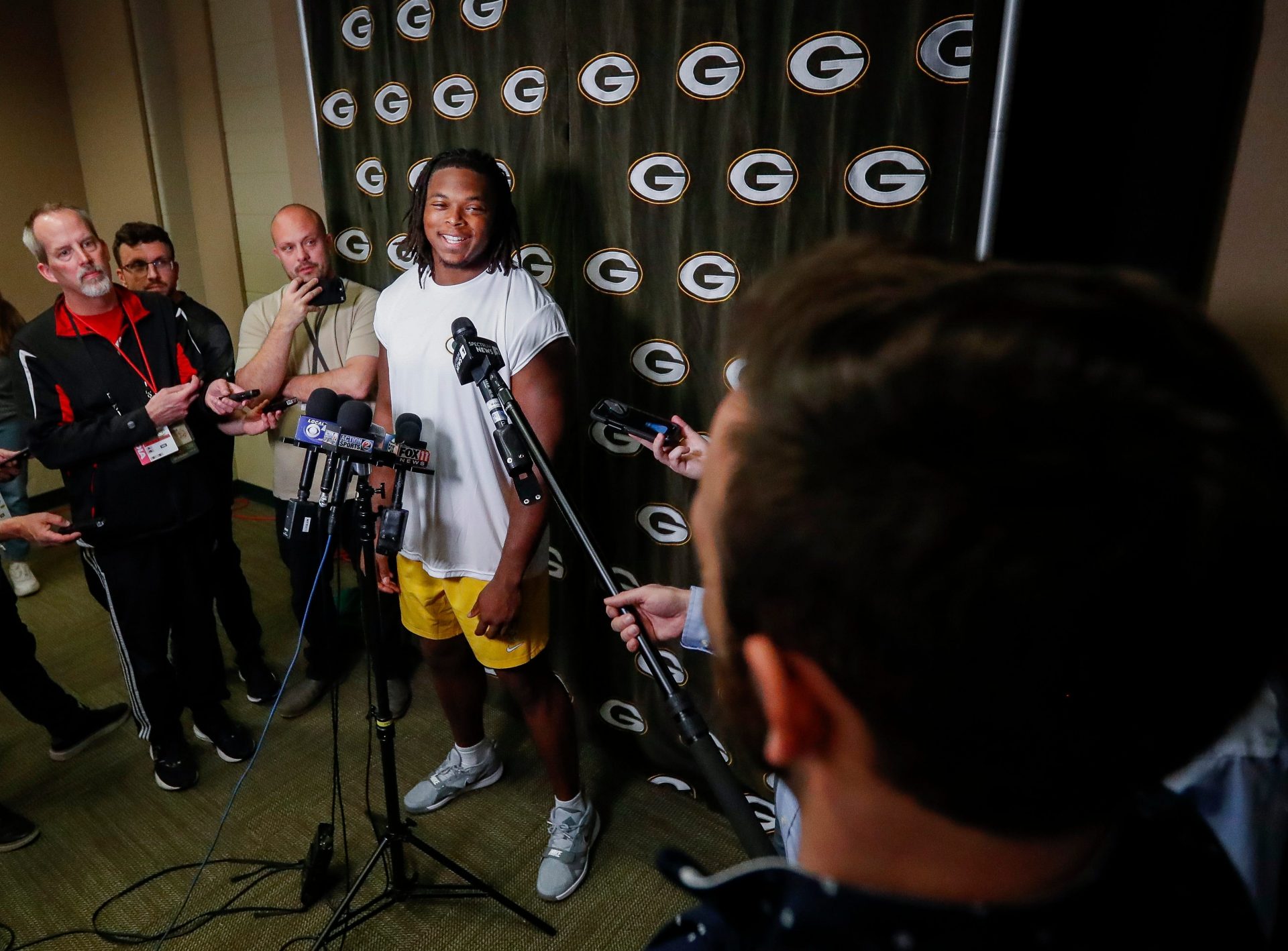 Green Bay Packers rookie edge rusher Barryn Sorrell is interviewed by the media during rookie minicamp on Friday, May 2, 2025, at Lambeau Field in Green Bay, Wisconsin. The Packers selected Sorrell with their fourth round pick in the 2025 NFL Draft.