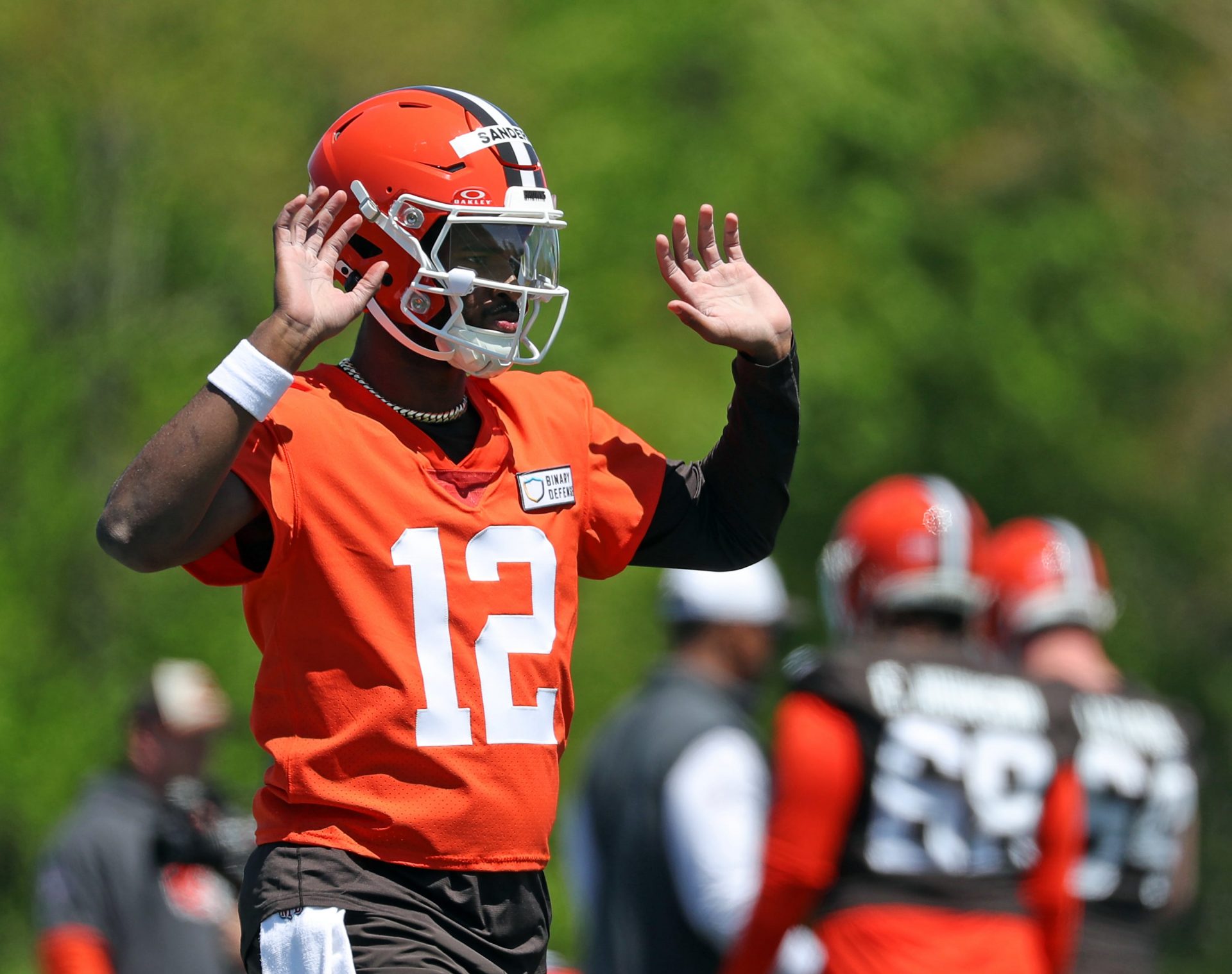 Cleveland Browns quarterback Shedeur Sanders gestures during rookie minicamp, May 9, 2025, in Berea.