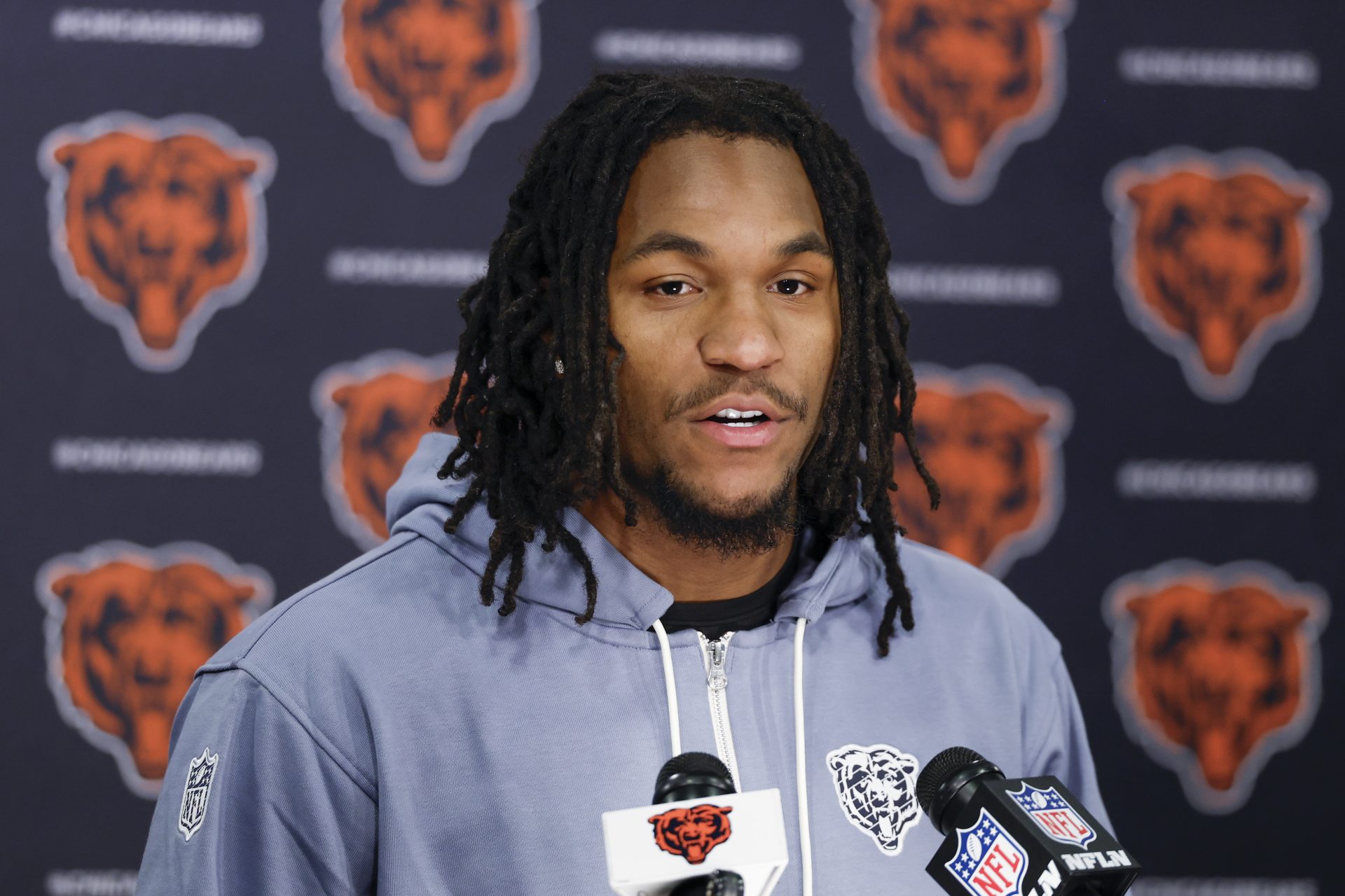 Chicago Bears wide receiver Luther Burden III speaks during the Rookie Minicamp at Halas Hall.