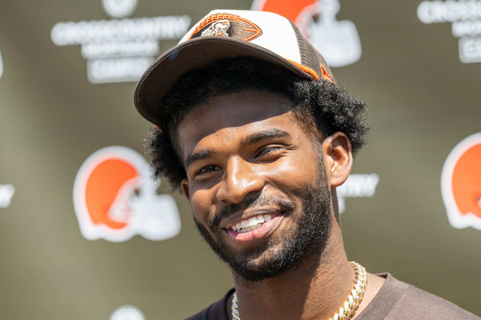 Cleveland Browns quarterback Shedeur Sanders (12) talks to the media during rookie minicamp at CrossCountry Mortgage Campus.