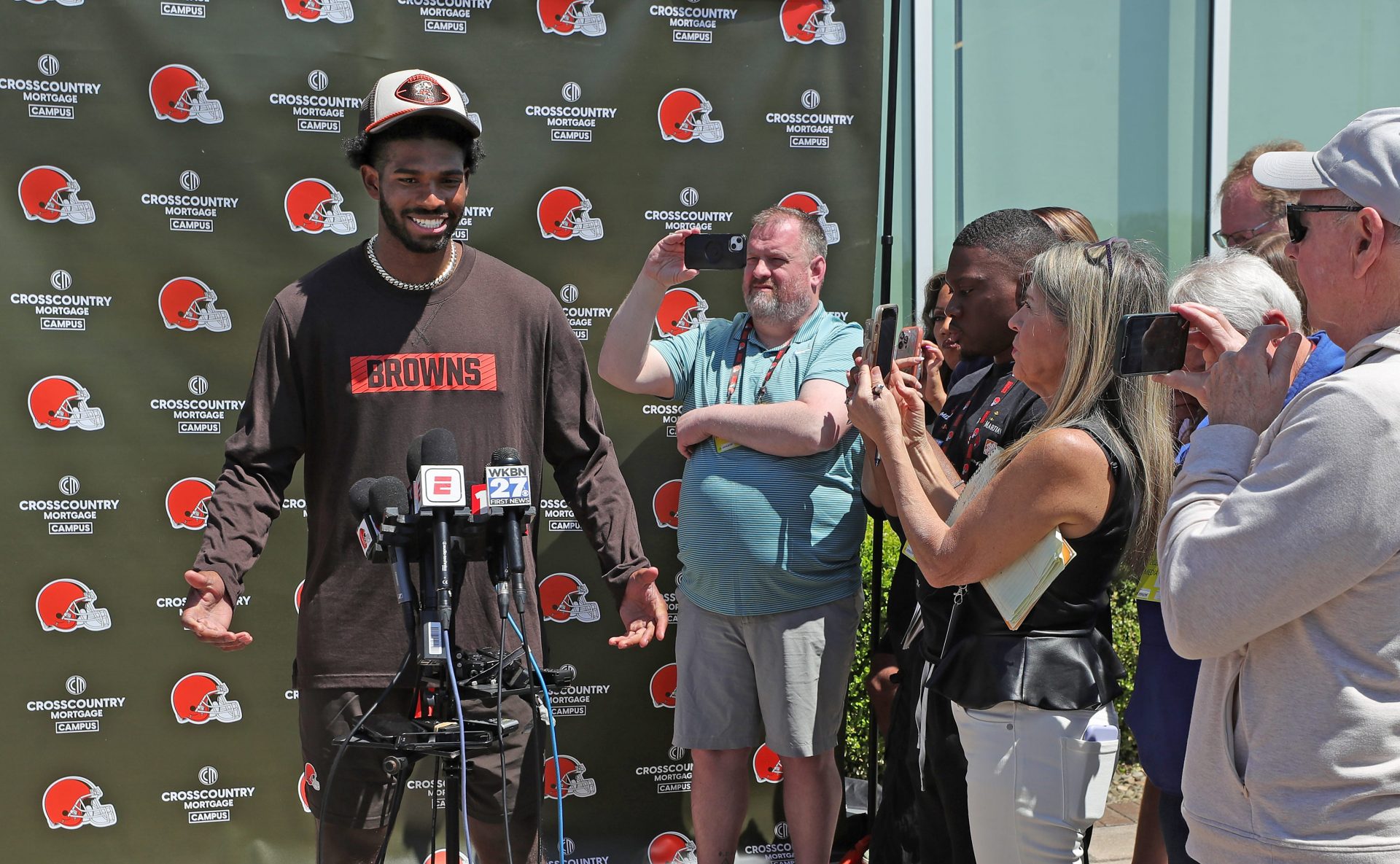 Cleveland Browns quarterback Shedeur Sanders (12) responds to reporters during a press conference before day two of NFL rookie minicamp at the Cleveland Browns training facility on Saturday, May 10, 2025, in Berea, Ohio.
