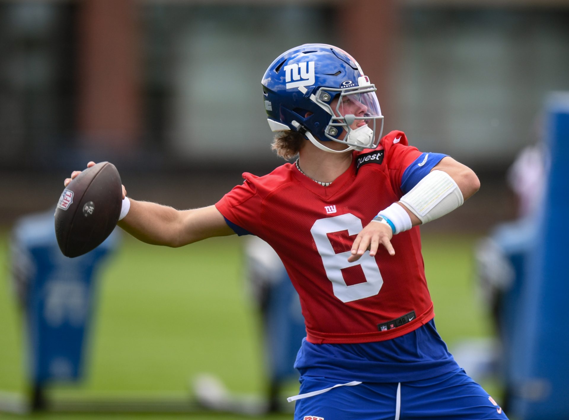 New York Giants quarterback Jaxson Dart (6) throws a pass during rookie minicamp at Quest Diagnostics Training Center.