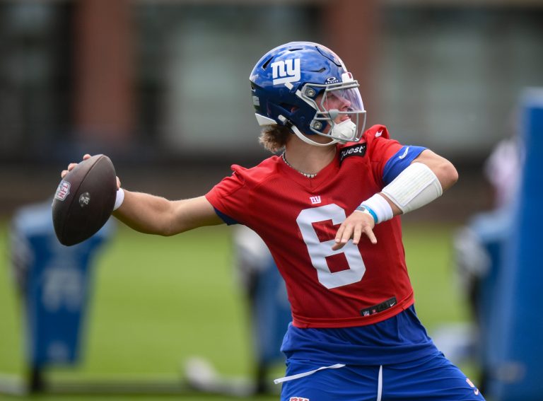 New York Giants quarterback Jaxson Dart (6) throws a pass during rookie minicamp at Quest Diagnostics Training Center.