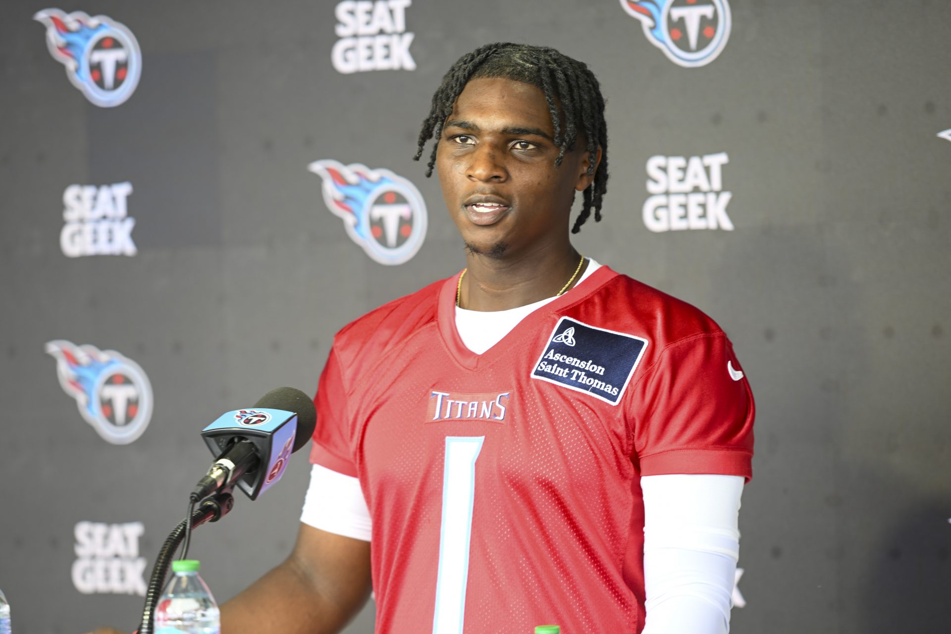 Tennessee Titans quarterback Cam Ward (1) talks with reporters after his first day of rookie mini camp  at Saint Thomas Sports Park.