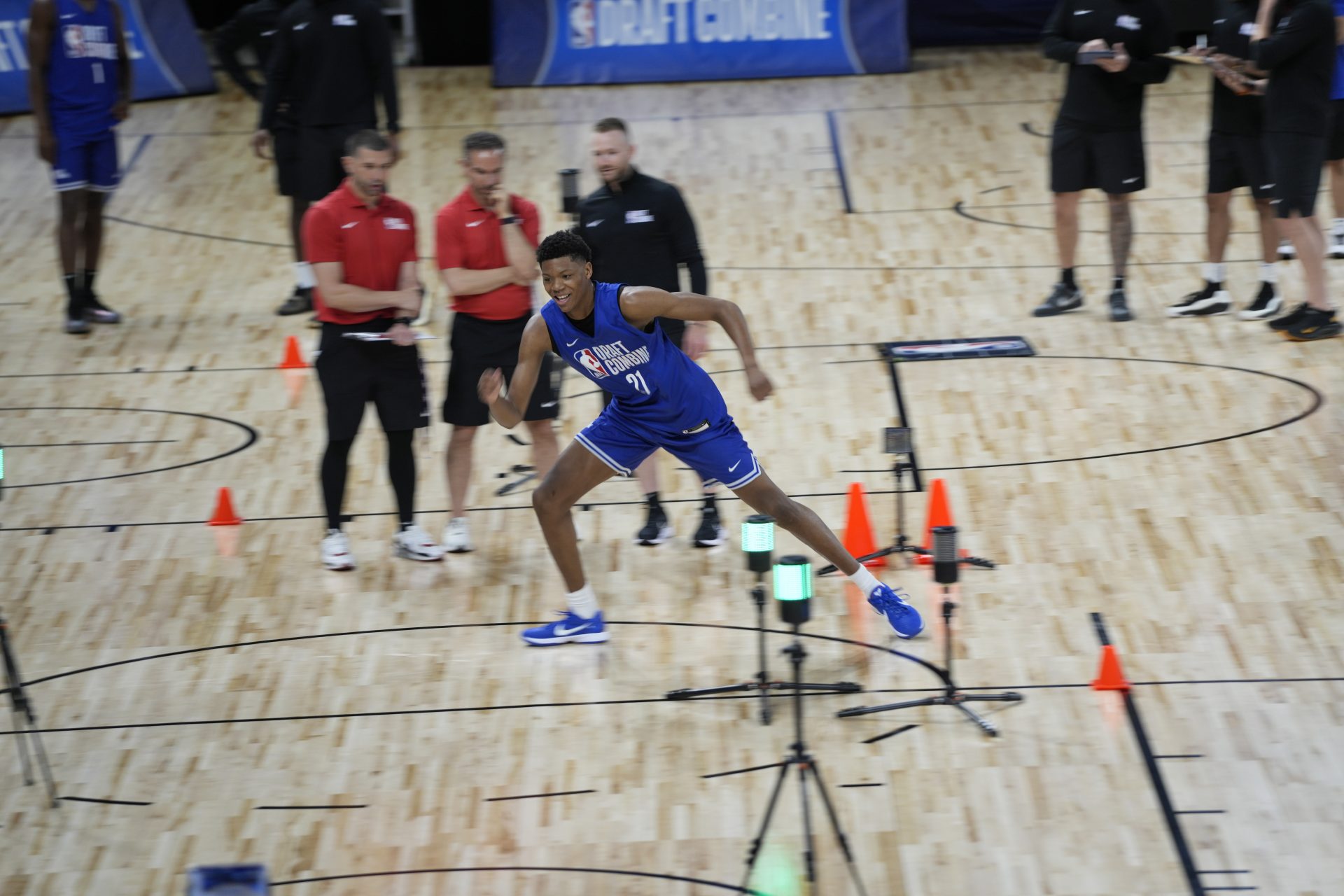 Ace Bailey (21) participates in the 2025 NBA Draft Combine at Wintrust Arena.
