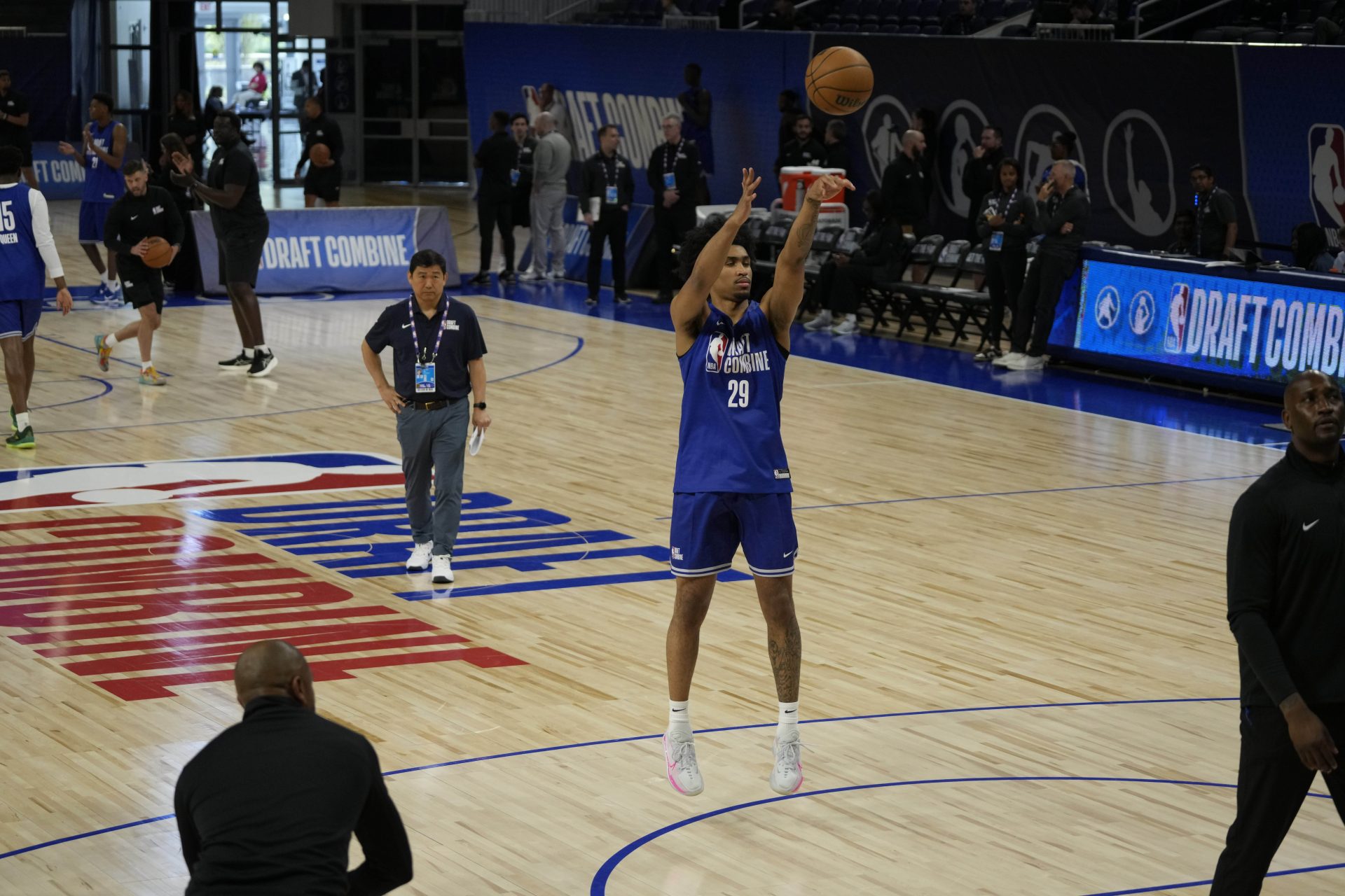 Dylan Harper (29) participates in the 2025 NBA Draft Combine at Wintrust Arena.