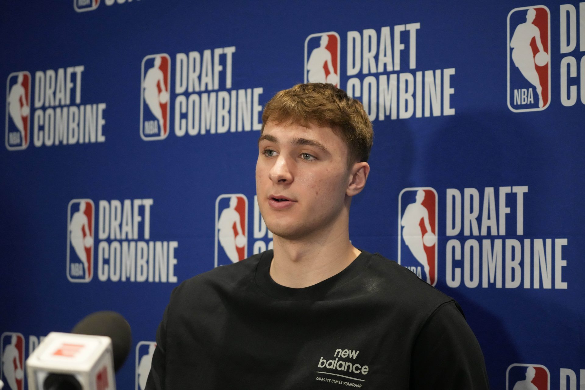 Cooper Flagg talks to the media during the 2025 NBA Draft Combine at Marriott Marquis Chicago.