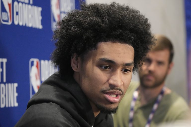 Dylan Harper talks to the media during the 2025 NBA Draft Combine at Marriott Marquis Chicago.