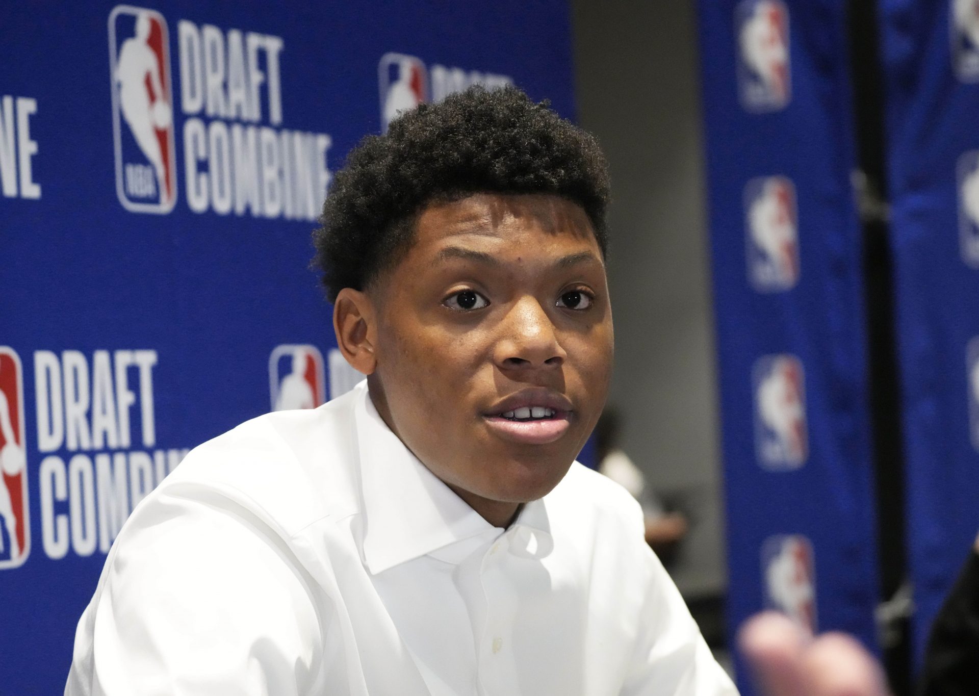 Ace Bailey talks to the media during the 2025 NBA Draft Combine at Marriott Marquis Chicago.