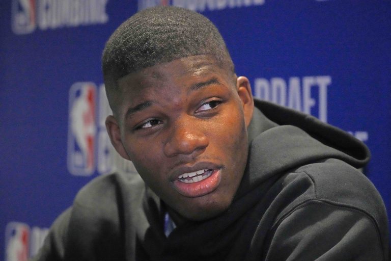 Cedric Coward talks to the media during the 2025 NBA Draft Combine at Marriott Marquis Chicago.