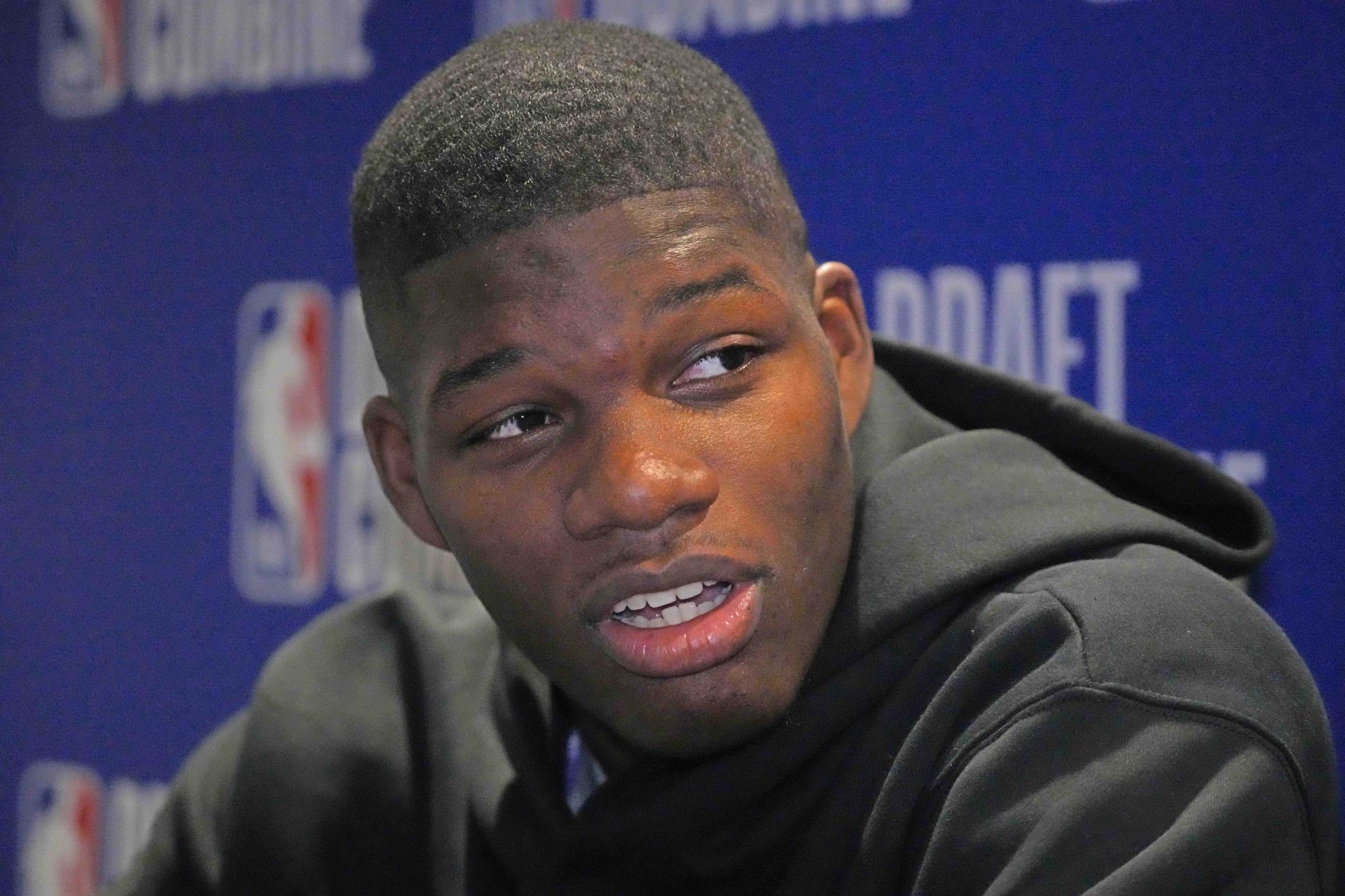 Cedric Coward talks to the media during the 2025 NBA Draft Combine at Marriott Marquis Chicago.
