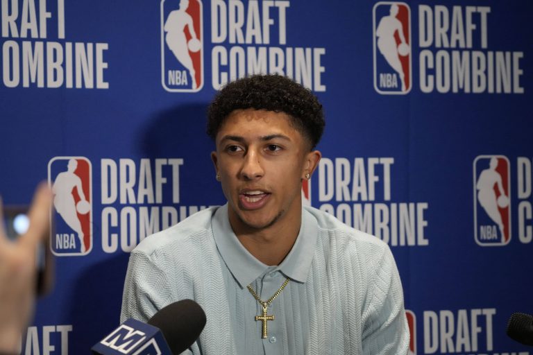 Nique Clifford talks to the media during the 2025 NBA Draft Combine at Marriott Marquis Chicago.
