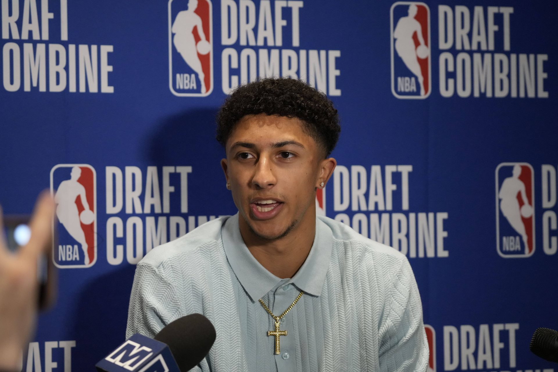 Nique Clifford talks to the media during the 2025 NBA Draft Combine at Marriott Marquis Chicago.