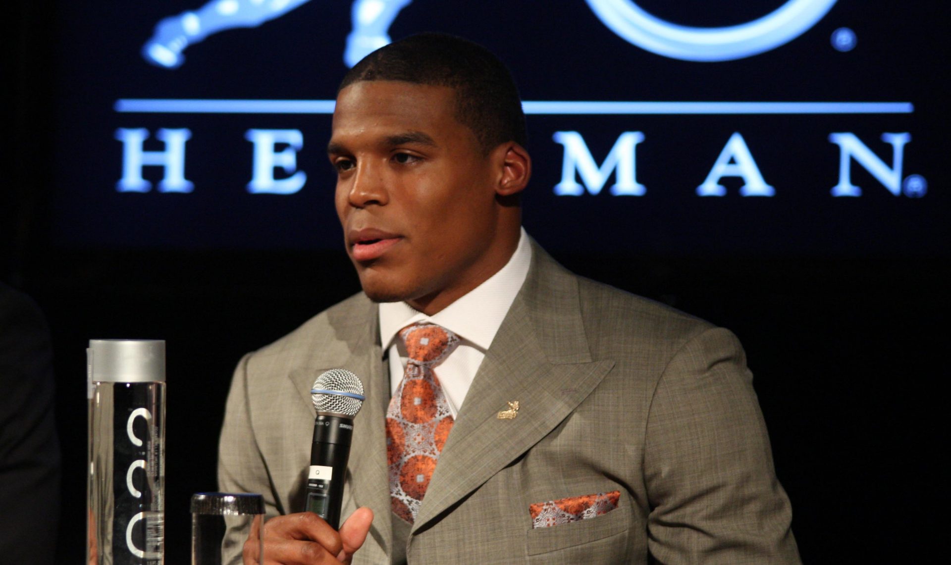 Auburn Tigers quarterback Cameron Newton speaks at a press conference before the presentation of the 2010 Heisman Trophy at the Marriott Marquis in New York City.