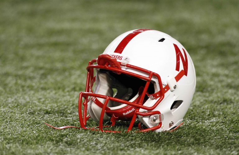 Nebraska Cornhuskers helmet on the field before a game against the Oklahoma Sooners at the 2010 Big 12 championship game at Cowboys Stadium.