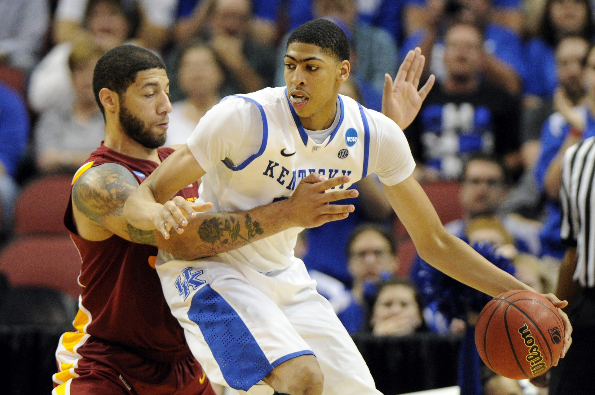 Iowa State Cyclones forward Royce White (30) pressures Kentucky Wildcats forward Anthony Davis (23) during the second half in the third round of the 2012 NCAA men's basketball tournament at the KFC Yum! Center.  Kentucky defeated Iowa State 87-71.