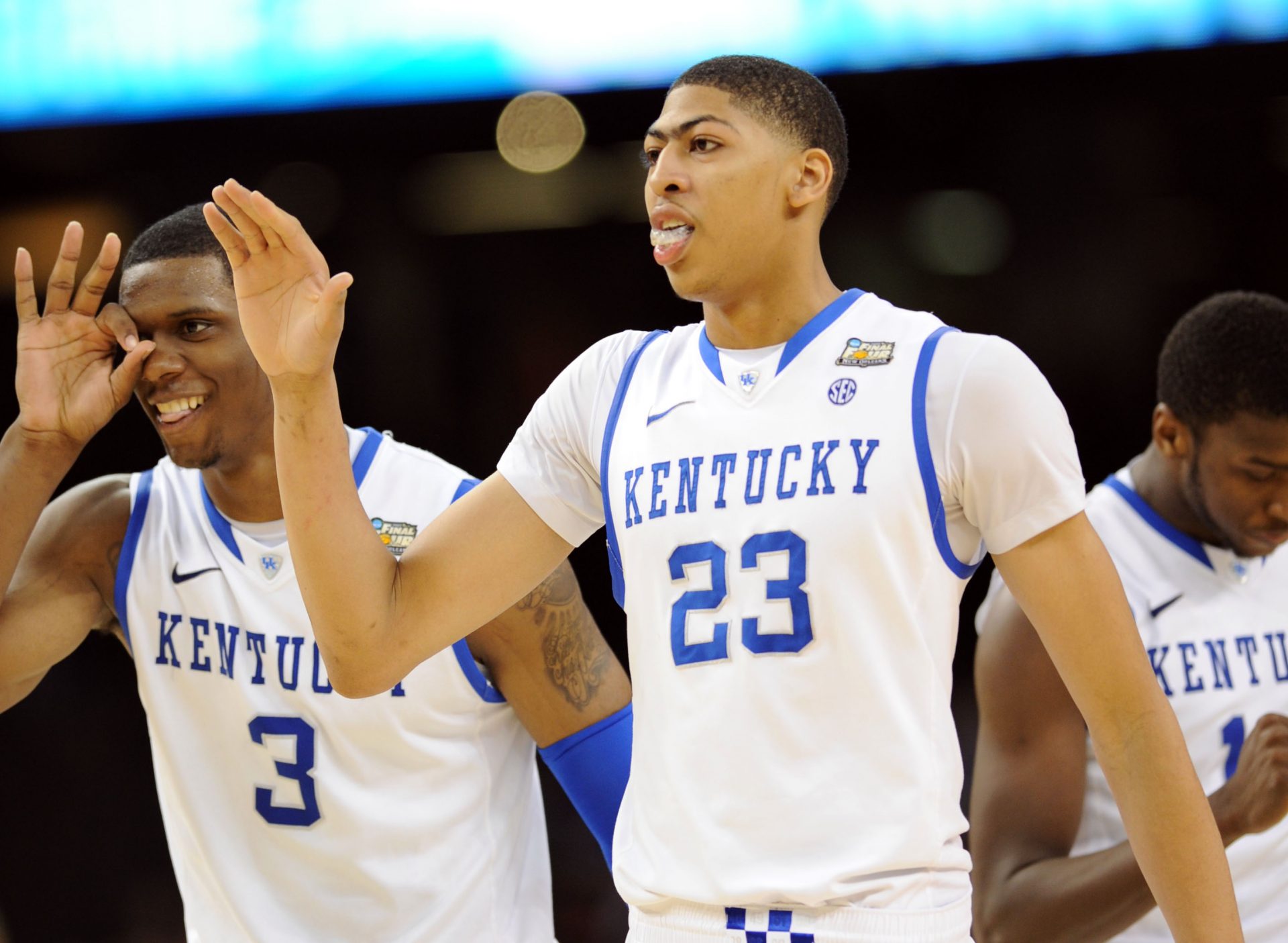 Kentucky Wildcats players Anthony Davis (23) and Terrence Jones (3) react during the second half in the finals of the 2012 NCAA men's basketball Final Four against the Kansas Jayhawks at the Mercedes-Benz Superdome.