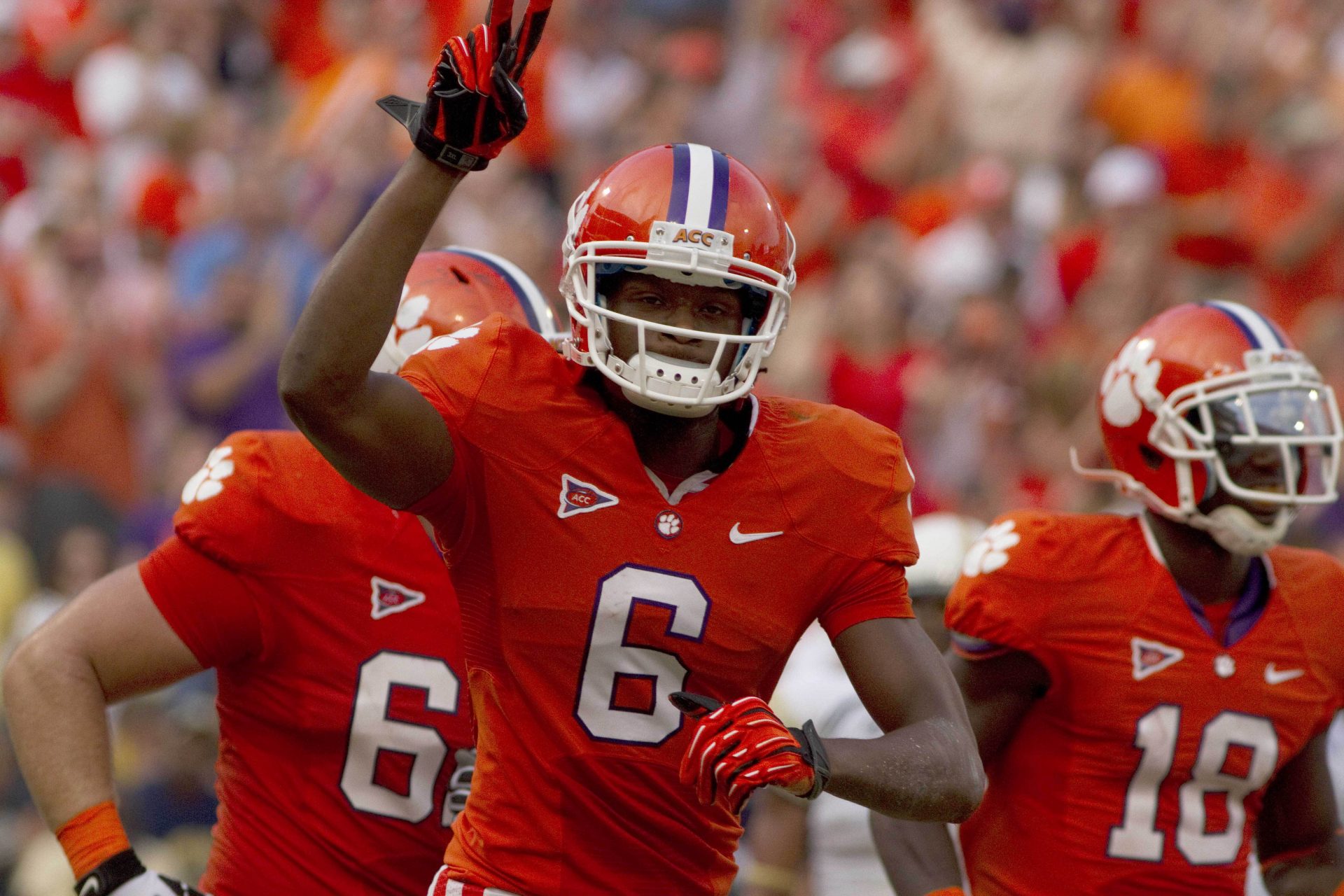 Clemson Tigers wide receiver DeAndre Hopkins (6) celebrates after scoring a touchdown during the fourth quarter of  the game against the Georgia Tech Yellow Jackets at Clemson Memorial Stadium.