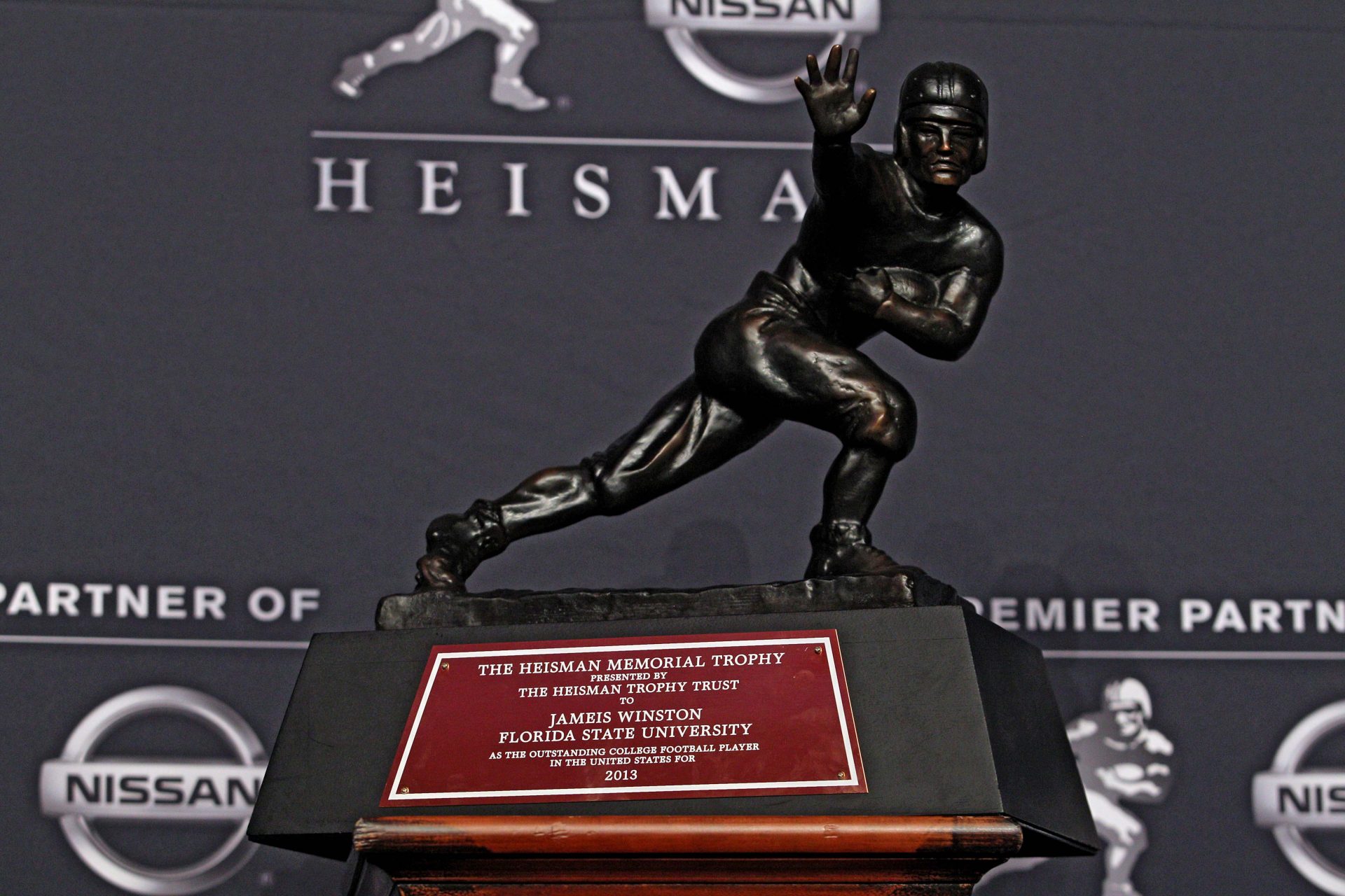 Detailed view the Heisman Trophy awarded to Florida State Seminoles quarterback Jameis Winston (not pictured) after a press conference at the New York Marriott Marquis Times Square in New York following the awards ceremony.