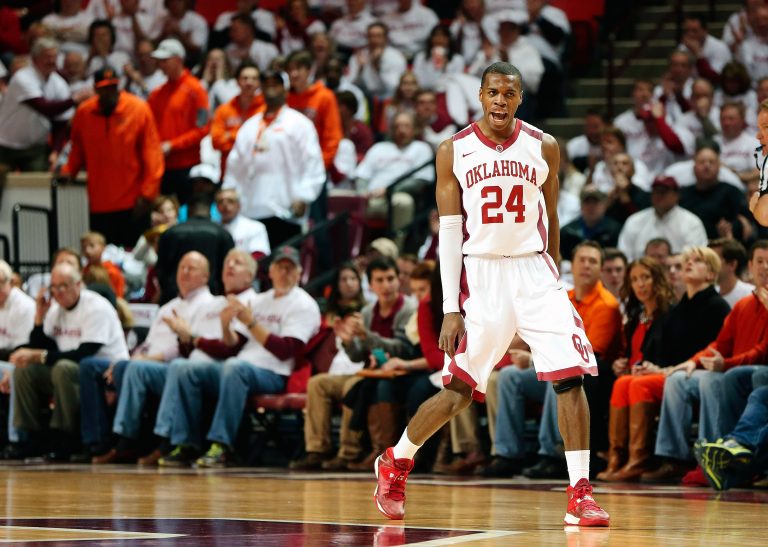 Oklahoma Sooners guard Buddy Hield (24) reacts during the first half against the Oklahoma State Cowboys at Lloyd Noble Center.