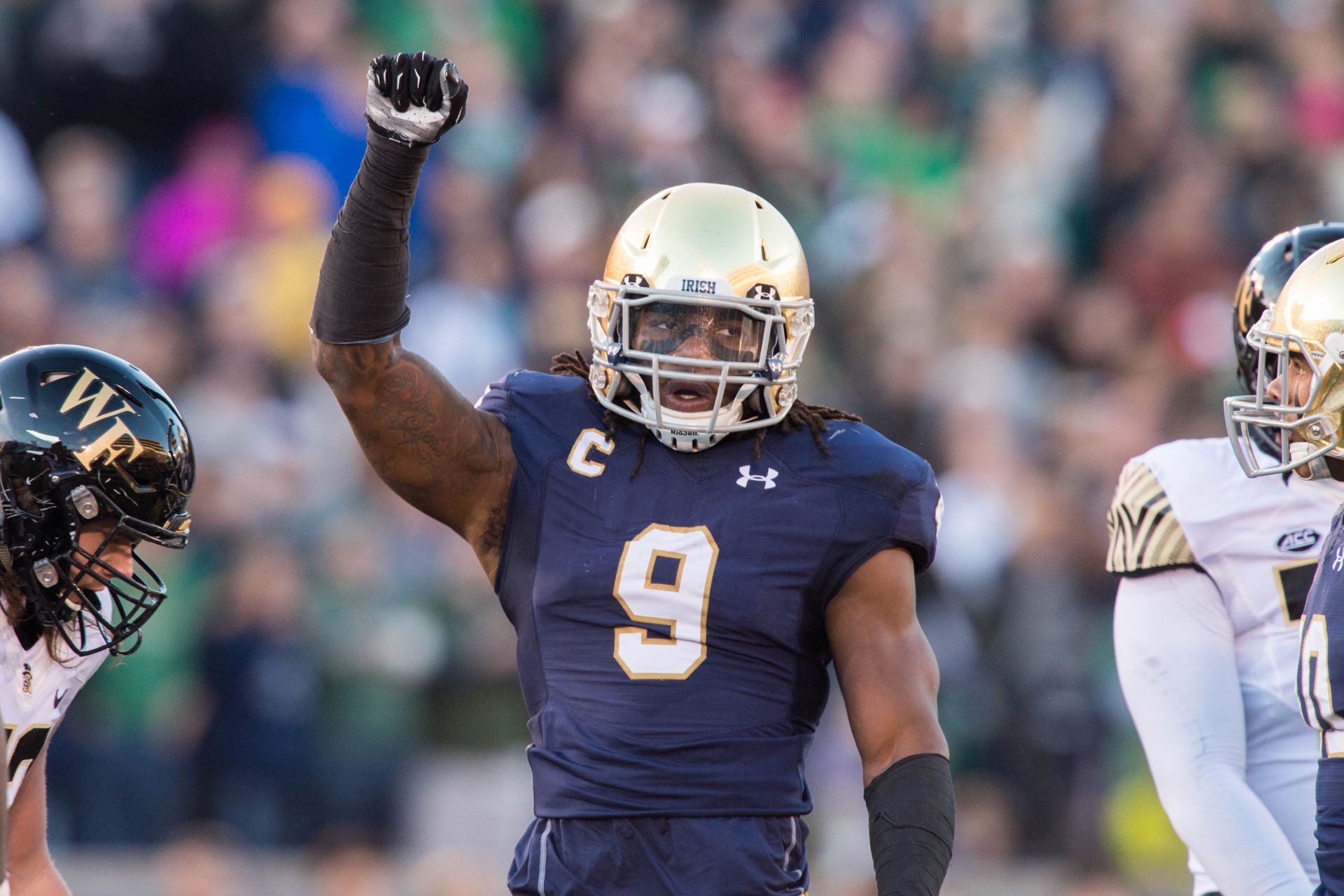 Notre Dame Fighting Irish linebacker Jaylon Smith (9) celebrates in the second quarter against the Wake Forest Demon Deacons at Notre Dame Stadium. Notre Dame won 28-7.