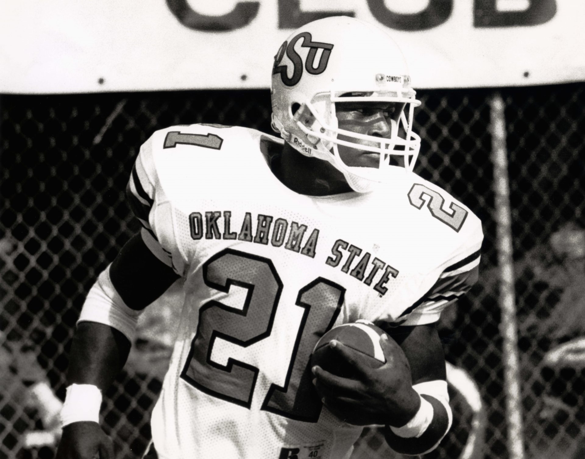 FILE PHOTO; Oklahoma State Cowboys running back Barry Sanders (21) jumps in the air at the line of scrimmage against the Nebraska Cornhuskers at Memorial Stadium.