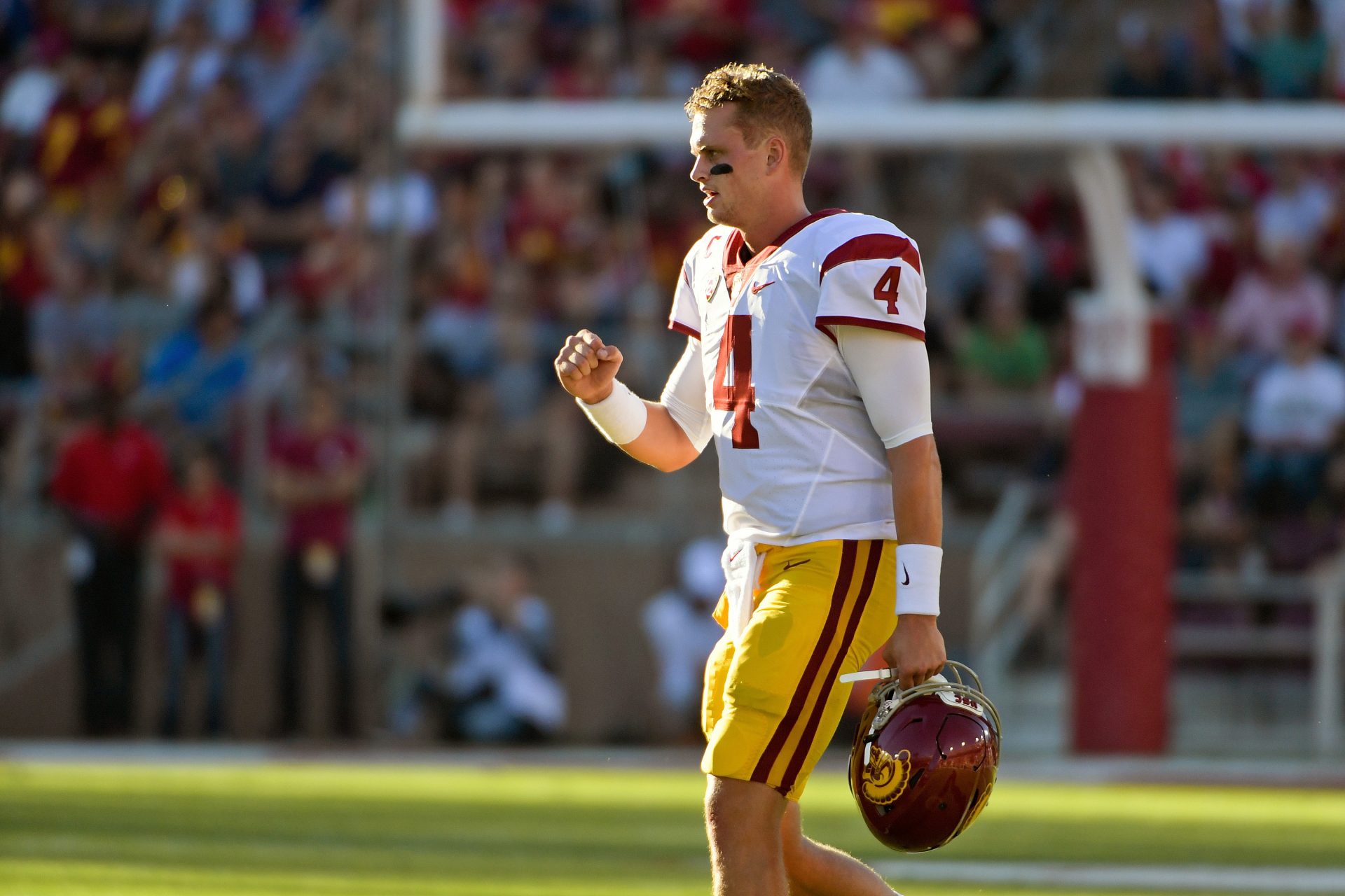 USC Trojans quarterback Max Browne (4) reacts during the first half of a NCAA football game against the Stanford Cardinal at Stanford Stadium.