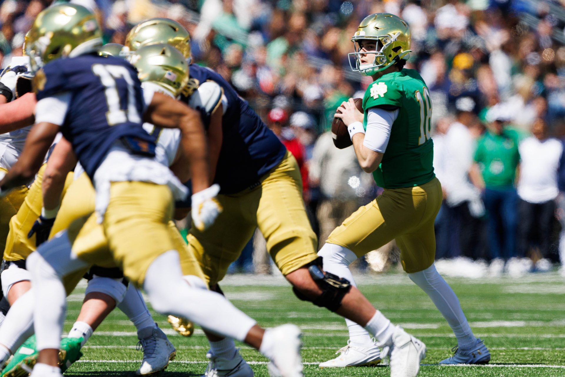Notre Dame quarterback Steve Angeli, right, looks to throw a pass during the Notre Dame Blue-Gold spring football game at Notre Dame Stadium on Saturday, April 12, 2025, in South Bend.