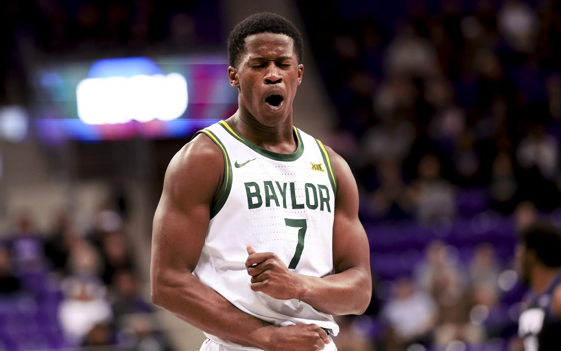 Baylor Bears guard VJ Edgecombe (7) reacts against the TCU Horned Frogs during the first half at Ed and Rae Schollmaier Arena.