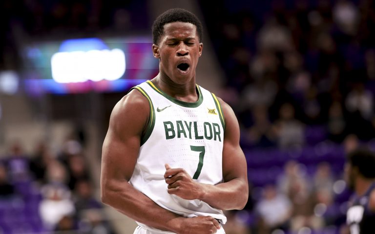 Baylor Bears guard VJ Edgecombe (7) reacts against the TCU Horned Frogs during the first half at Ed and Rae Schollmaier Arena.