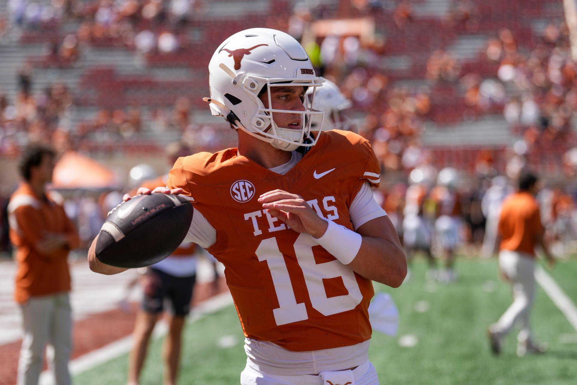 Texas Longhorns quarterback Arch Manning (16) warms up before the game against the Mississippi State Bulldogs at Darrell K Royal-Texas Memorial Stadium.