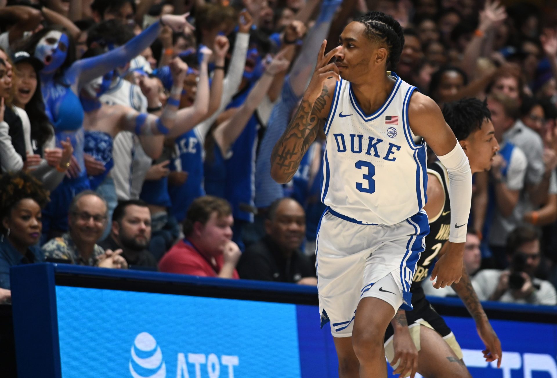 Duke Blue Devils forward Isaiah Evans (3) reacts after hitting a three-point shot during the first half against the Wake Forest Demon Deacons at Cameron Indoor Stadium.