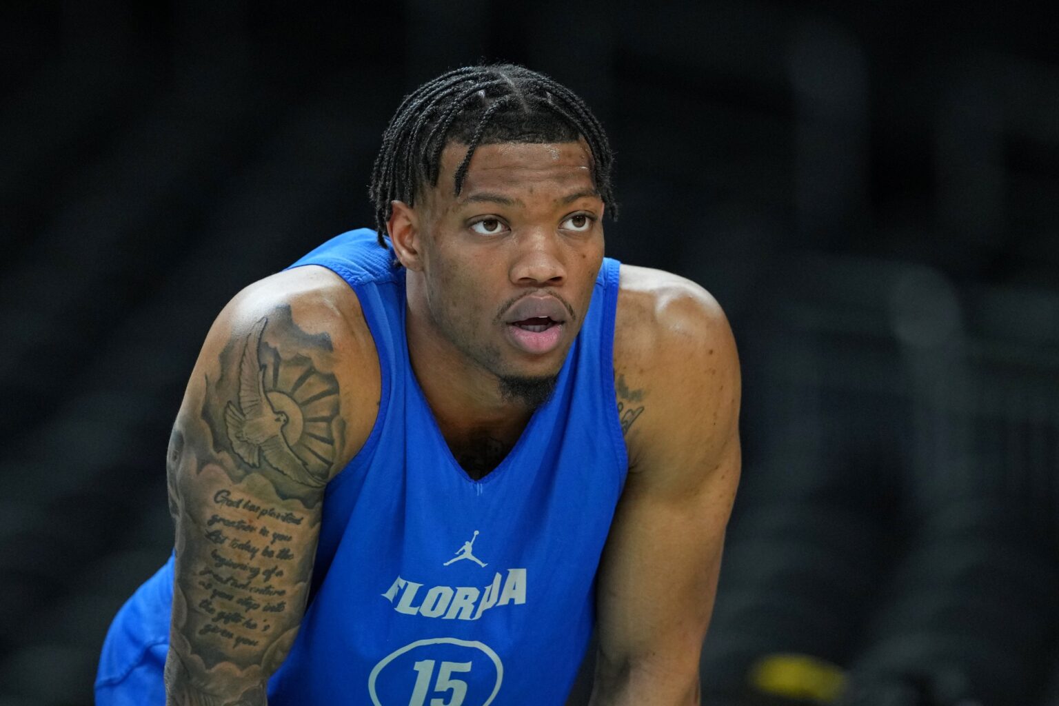 Florida Gators guard Alijah Martin (15) during a practice session for the Final Four of the 2025 NCAA tournament at Alamodome.