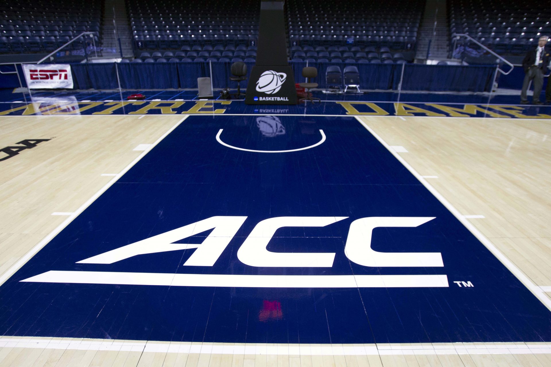 A view of the ACC logo on the key before the game between the Notre Dame Fighting Irish and the DePaul Blue Demons in the first half of the game at Edmund P. Joyce Center.