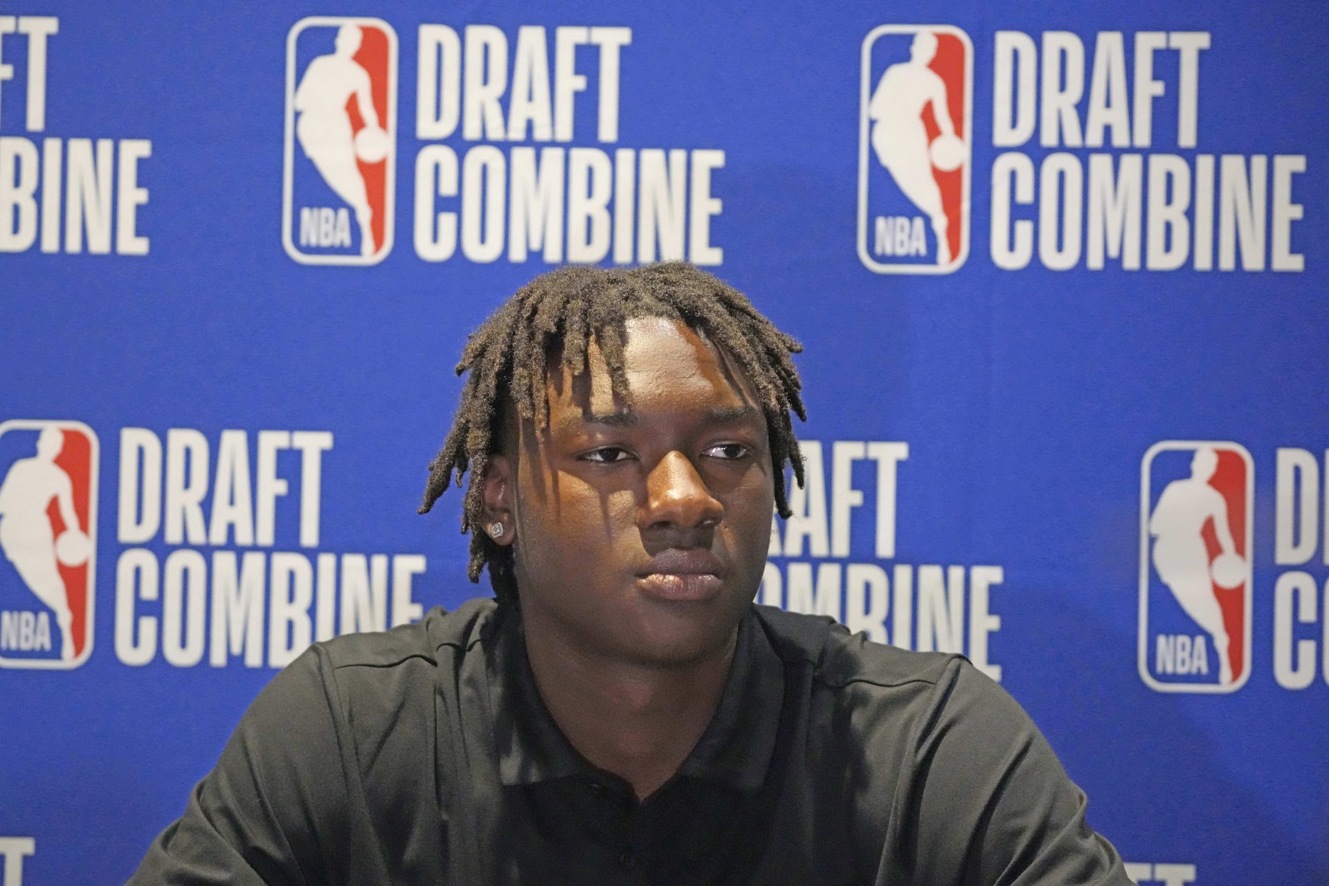Adou Thiero talks to the media during the 2025 NBA Draft Combine at Marriott Marquis Chicago.