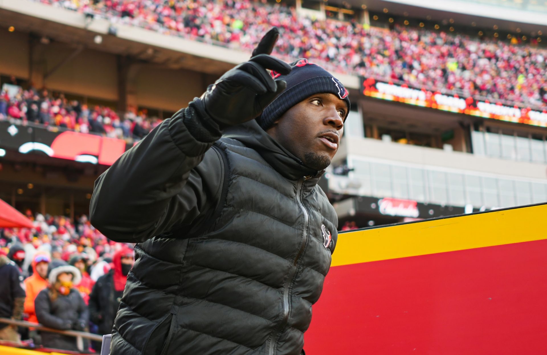 Houston Texans head coach DeMeco Ryans takes the field prior to a 2025 AFC divisional round game against the Kansas City Chiefs at GEHA Field at Arrowhead Stadium.