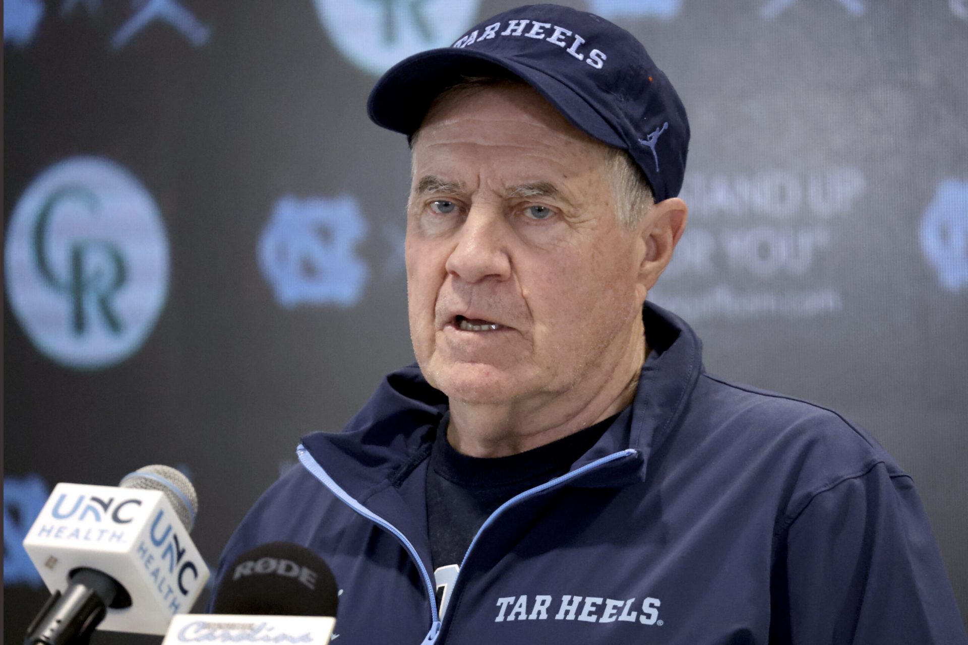 North Carolina coach Bill Belichick speaks during an NCAA college football press conference, Wednesday, March 5, 2025, in Chapel Hill, N.C. (AP Photo/Chris Seward)